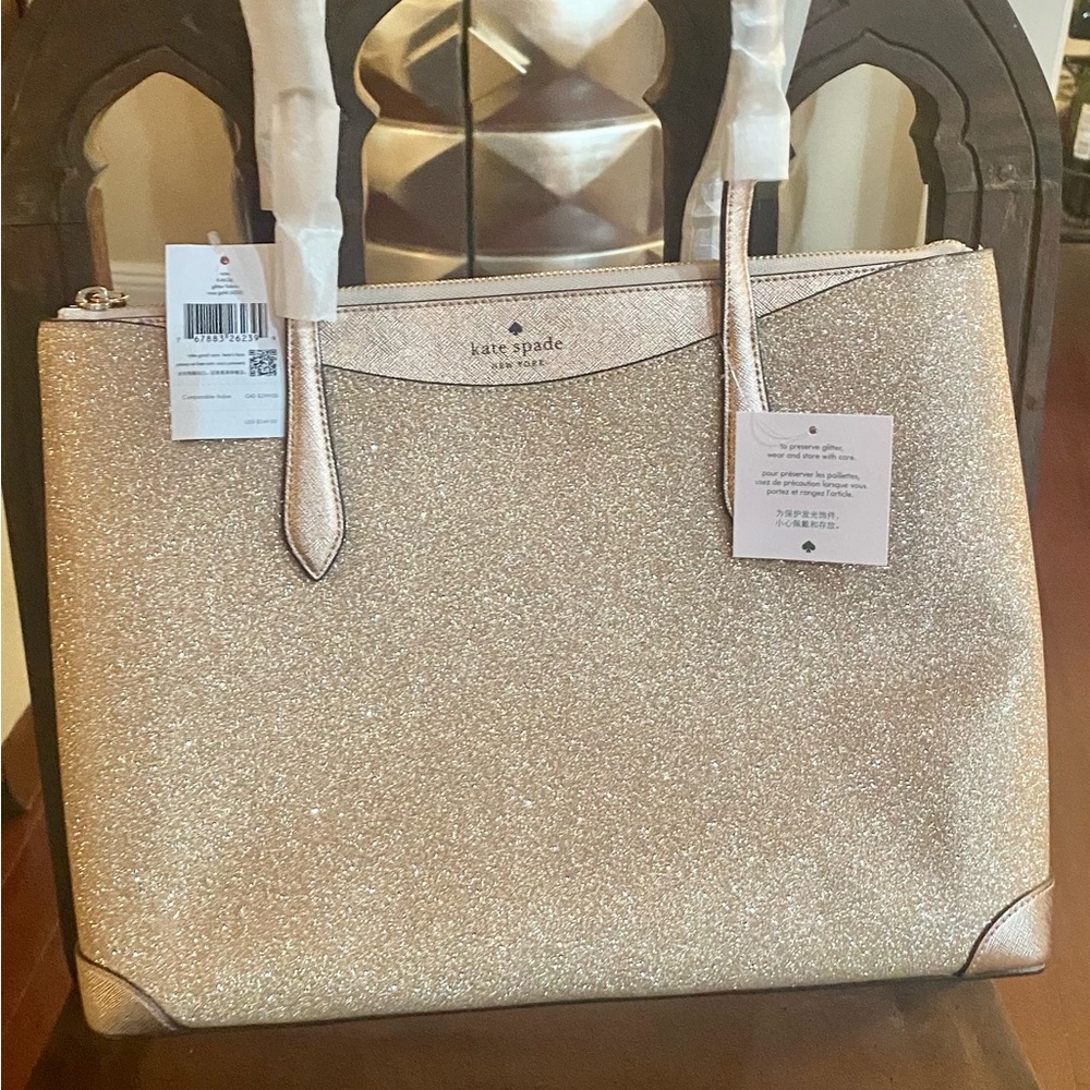 🩷🔥NWT KATE SPADE EXTRA LARGE ROSE GOLD GLITTER TOTE + FREE NWT KATE SPADE TOTE❣️ - Picture 9 of 12